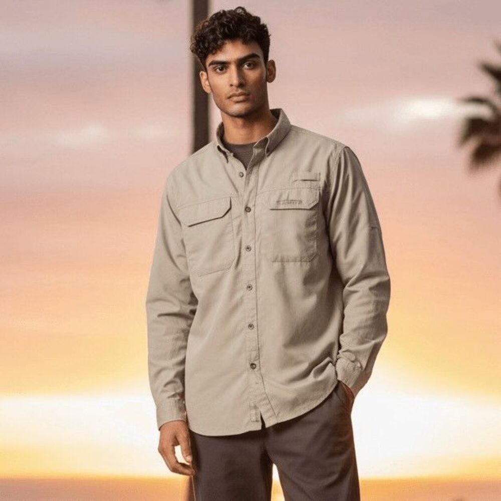 Habit Men's 40+ Solar Factor Long Sleeve Button Up Shirt Size Tan Medium